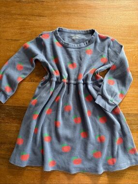 Tiny Cottons- Girls' Blue Waffle Knit Dress with Red Apple Print